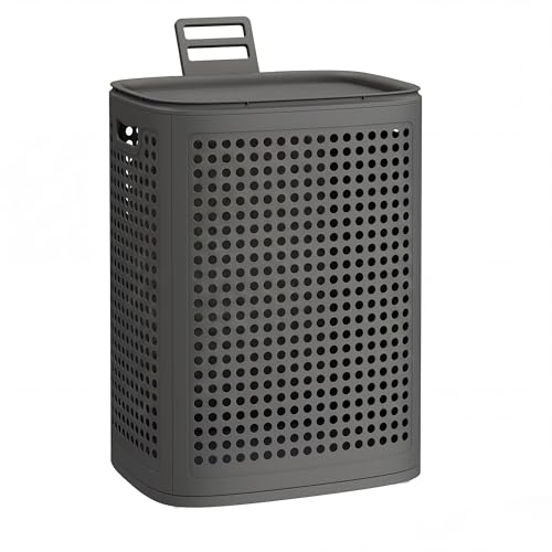 SONGMICS Laundry Hamper with Lid, Plastic Laundry Basket, 19.8 Gallons (75 L), Slim Storage Basket, for Bathroom, Bedroom, Dark Gray URLH021G101 - color: Dark Gray, size: Lid