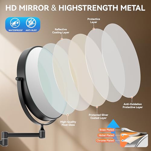 Auxmir 8" Double-Sided Wall-Mounted Makeup Mirror, 1X/30X Magnifying Mirror | stainless steel, 13-inch extendable swivel arm, 360°shaving rotation, bathroom makeup mirror, tweezers, Black - color: Black-1x/30x