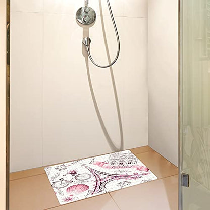 Bath Tub Mat Non Slip Shower Mat Paris Eiffel Tower Pink Retro Love Bike Hot Balloon Extra Long Bathtub Mat 26.8x15 inches Bathroom Bath Mat with Suction Cups Drain Holes Machine Washable