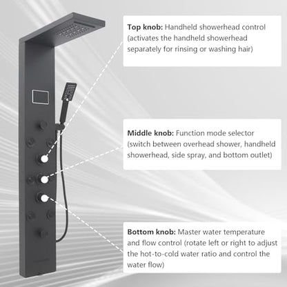 6-in-1 LED Shower Panel Tower System with 8 Adjustable Body Jets, Rainfall & Waterfall Shower, Smart Temperature Display, 59" Hose, Brushed Gold Stainless Steel, Wall Mounted (Black) - color: Black