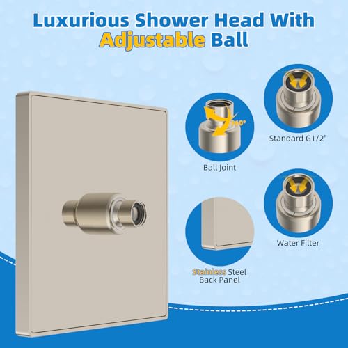Hibbent cUPC Certified Thickness Metal 8'' Rain Shower Head, Brushed Nickel | High Pressure Shower Head, Bathroom Waterfall Shower Heads, High Flow Fixed Showerheads with Adjustable Brass Ball Joint - color: Brushed Nickel, style: Square 8''