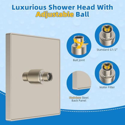 Hibbent cUPC Certified Thickness Metal 8'' Rain Shower Head, Brushed Nickel | High Pressure Shower Head, Bathroom Waterfall Shower Heads, High Flow Fixed Showerheads with Adjustable Brass Ball Joint - color: Brushed Nickel, style: Square 8''