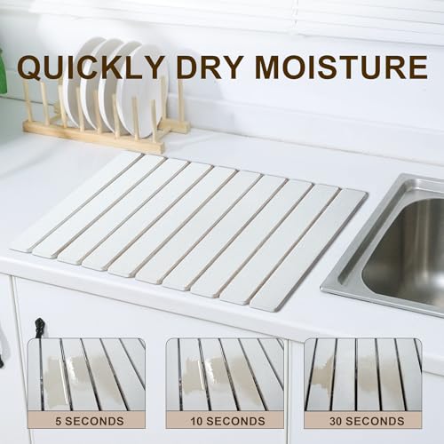 Large Stone Dish Drying Mat for Kitchen Counter, 24"×16" Quick Dry Collapsible Diatomaceous Earth Mat – Super Absorbent Foldable Drying Pad for Dishes (White, 23.2" x 15.4") - color: White