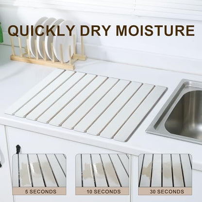 Large Stone Dish Drying Mat for Kitchen Counter, 24"×16" Quick Dry Collapsible Diatomaceous Earth Mat – Super Absorbent Foldable Drying Pad for Dishes (White, 23.2" x 15.4") - color: White