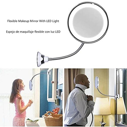 Makeup Mirror with LED Light and Suction Cup 360 Degree Swivel Flexible Gooseneck 10X Magnifying Mirror Travel and Home Bathroom Vanity Mirror (White)