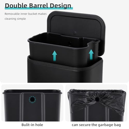 GarveeHome Bathroom Trash Can, 3.2 gal Stainless Steel Garbage Can with Lid, Rectangular Small Step Waste Bin with Foot Pedal & Removable Inner Bucket for Kitchen Bedroom Restroom (Matte Black) - color: Black, size: 12 L