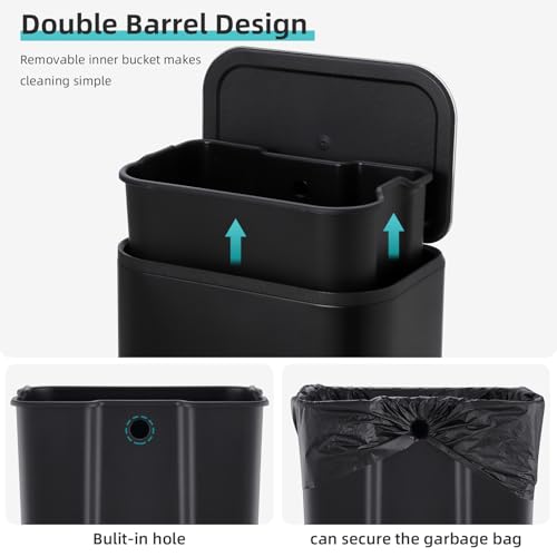 GarveeHome Kitchen Trash Can, 5.3 Gal Stainless Steel Garbage Can, Black | Soft Close Lid, Foot Pedal & Removable Inner Bucket, Rectangular Step On Waste Bin for Office Bedroom - color: Black, size: 20 L