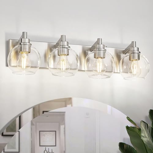4-Light Brushed Nickel Bathroom Vanity Light, Clear Glass Globes | 26" modern bathroom light fixtures over mirror, E26 base, bulbs not included, VL195-BN-CL-4 - color: Brushed Nickel, Clear Glass, size: 4-light