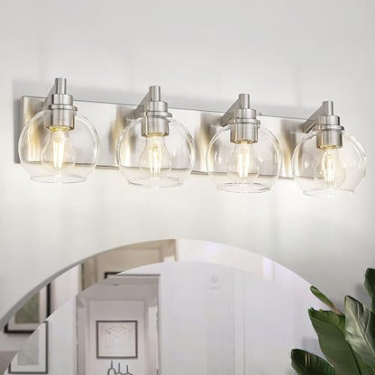 4-Light Brushed Nickel Bathroom Vanity Light, Clear Glass Globes | 26" modern bathroom light fixtures over mirror, E26 base, bulbs not included, VL195-BN-CL-4 - color: Brushed Nickel, Clear Glass, size: 4-light
