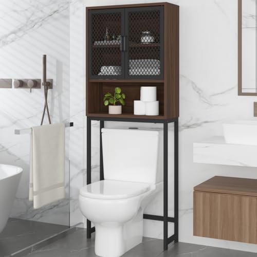 Launica 65 Inch Over The Toilet Storage Cabinet Wood and Metal Walnut | Over Toilet Bathroom Organizer with Mesh Doors and Shelves Freestanding Bathroom Storage Cabinet Above Toilet - color: Walnut