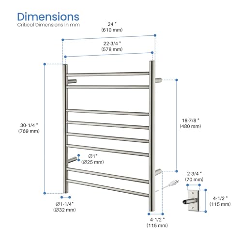Kibi 24 Inch Wall-Mounted Electric Towel Warmer Rack– 8-Bar 304 Stainless Steel, ETL-Certified, Hardwired or Plug-in, Fast-Heat Up to 122 Degrees F – Heated Towel Rack for Bathroom (Brushed Nickel) - color: Brushed Nickel