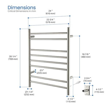 Kibi 24 Inch Wall-Mounted Electric Towel Warmer Rack– 8-Bar 304 Stainless Steel, ETL-Certified, Hardwired or Plug-in, Fast-Heat Up to 122 Degrees F – Heated Towel Rack for Bathroom (Brushed Nickel) - color: Brushed Nickel