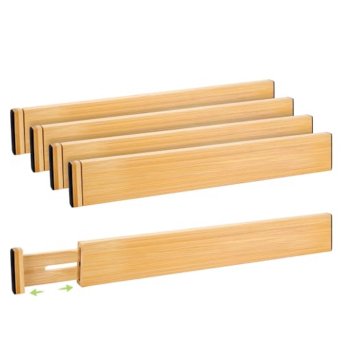 Fyvva Drawer Organizer, Spring-Loaded Expandable Bamboo Dividers 4-Pack | Large Kitchen Drawer Organizer, Adjustable 16.9 to 22.2 in, 2.3in High Non Slip for Kitchen Clothes Bathroom Office Natural - size: 4 Pack Large