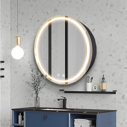 20inch Round Medicine Cabinet with Lights,Led Medicine Cabinet with Defogger,Illuminated Mirror Cabinet for Bathroom,Dimmable,Anti-Fog,3 Colors,Surface Mount Only - color: Black, size: 20inch