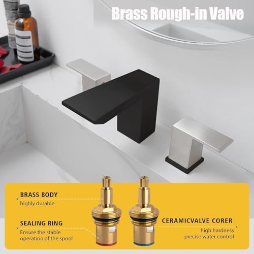 BESy Bathroom Faucet 3 Holes Two Handles Vanity Widespread 8 Inch Bathroom Sink Faucet, Waterfall Bathroom Sink Faucet with cUPC Supply Hoses, Pop Up Drain, Stainless Steel, Matte Black with Nickel - color: Matte Black with Nickel, size: 8 Inch Widespread