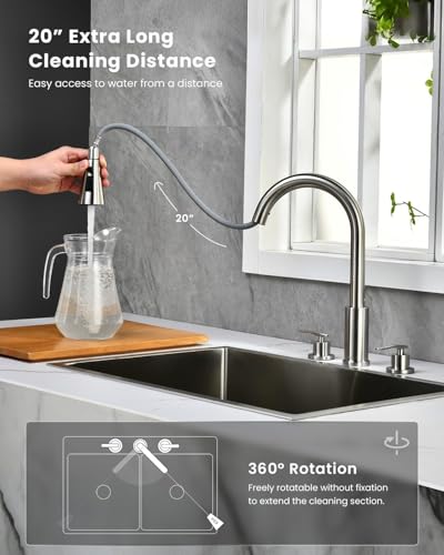 DAYONE 2 Handle Kitchen Faucet with Pull Down Sprayer, 3 Hole Sink Faucets with Separate Handle for Kitchen RV Laundry Bar, 3 Modes, SUS304 Stainless Steel, Brushed Nickel - color: Brushed Nickel, style: 2-handle