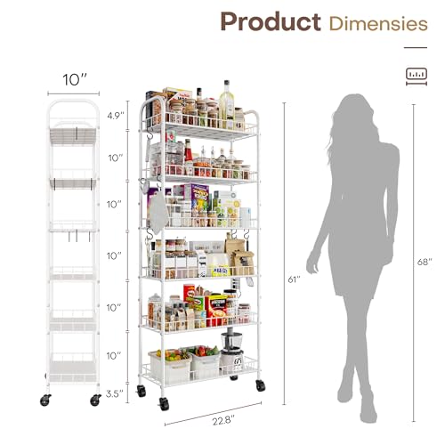 6 Tier Slim Rolling Storage Cart with Wheels, Metal Mobile Shelving Unit Organizer Utility Cart for Office Bathroom Kitchen Laundry Room Narrow Places (White 10 Inches) - size: White 10 Inches
