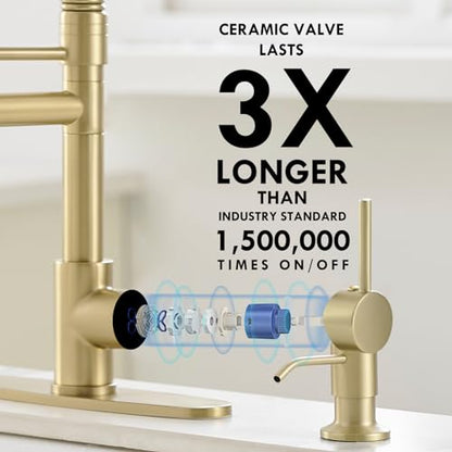 AIMADI Gold Kitchen Faucet with Soap Dispenser,Commercial Single Handle | pull down Kitchen Faucets with Sprayer,Brushed Gold,for 1-hole or 3-hole sinks,Farmhouse RV Laundry - color: Brushed Gold, style: with Soap Dispenser