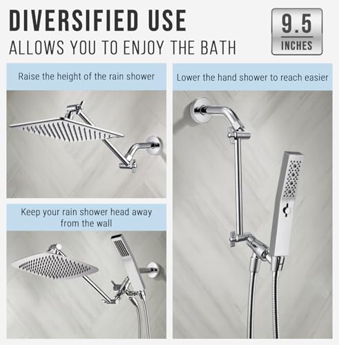 G-Promise All Metal Shower Head Extension Arm (Chrome, 9.5 INCH) | Rise or Lower Shower Head, Height & Angle Adjustable Extender, Anti-Leak, Firmly Secure Shower Head, Easy to Install - color: Chrome