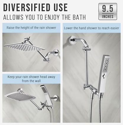 G-Promise All Metal Shower Head Extension Arm (Chrome, 9.5 INCH) | Rise or Lower Shower Head, Height & Angle Adjustable Extender, Anti-Leak, Firmly Secure Shower Head, Easy to Install - color: Chrome
