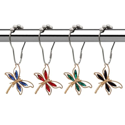 Decorative Shower Curtain Hooks Set of 12 with Multicolored Dragonfly for Bathroom Shower Rod, Stainless Steel Rust-Proof Shower Hook Rings for Gardens, Country Farms Themed Bathroom Decor