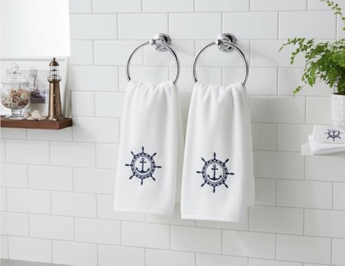 Serafina Home Summer Soft Absorbent Bathroom Coastal Guest Embroidered Fingertip Towels: Nautical Captain's Wheel Design, 2 Piece 12" x 18" Inches - color: Captains Wheel