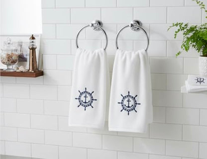 Serafina Home Summer Soft Absorbent Bathroom Coastal Guest Embroidered Fingertip Towels: Nautical Captain's Wheel Design, 2 Piece 12" x 18" Inches - color: Captains Wheel