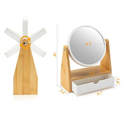 YEAKE Vanity Makeup Mirror with Natural Bamboo Stand, 1X/3X Double Sided Magnifying Mirror with Drawer,Portable Small Table Desk Countertop Mirror, Bathroom Shaving Mirror(Round) - size: 10"L x 7.5"W