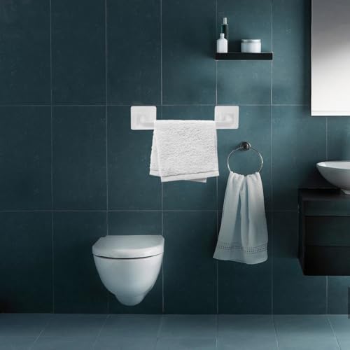 Amosfun 15.74 Inch Adhesive Bathroom Towel Rack No Drill Wall Mounted Towel Bar Holder with Suction Cups for Kitchen and Balcony Storage - color: White