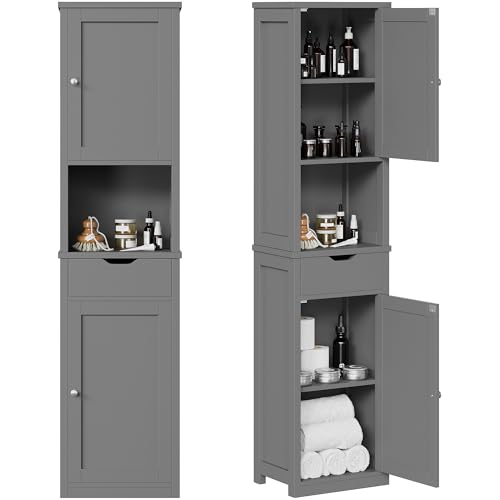Shintenchi Tall Bathroom Storage Cabinet, Slim Corner Floor Cabinet with Doors and Drawer, Freestanding Narrow Bathroom Organizer with Adjustable Shelves for Small Space, Gray - color: Grey