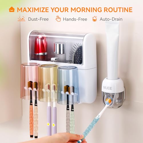 Toothbrush Holder Wall Mounted with Automatic Toothpaste Dispenser, Dustproof Flip Cover and Inverted Cup Slots, Multi-Functional No-Drill Bathroom Organizer for Family, Space Saver (3 Cups)