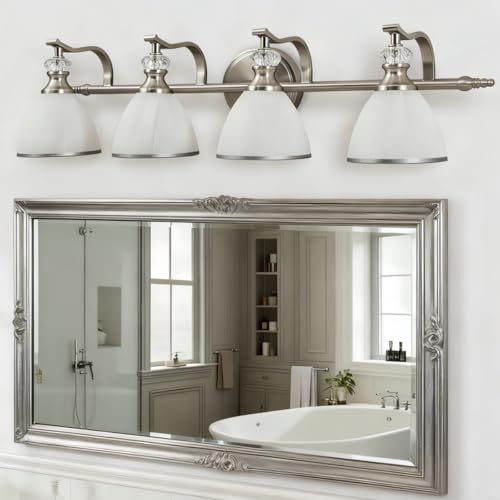 ANDY STAR Bathroom Light Fixtures Over Mirror, 4-Light Brushed Nickel Vanity Lights for Bathroom, 27.8 Inch Vintage Wall Sconce with Milk White Bell Glass Shades, Rustproof Silver Finish, E26 Base - color: Brushed Nickel, size: 4-Light