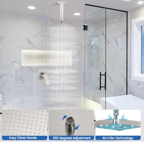 Airuida 12 Inch Brushed Nickel Shower Faucet Set,Rainfall Shower System | Ceiling Shower Head,Male Thread Rough-in Valve,Ceiling Mount,Single Handle - color: Brushed Nickel, size: 12 Inch