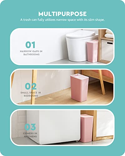Baffect Small Pink Trash Can with Lid for Bathroom, Dorm (2.1 Gal, Plastic) | Lidded Waste Basket For Office, Slim Garbage Can For Girl Bedroom, Cute Pink Essentials For Nursery Room