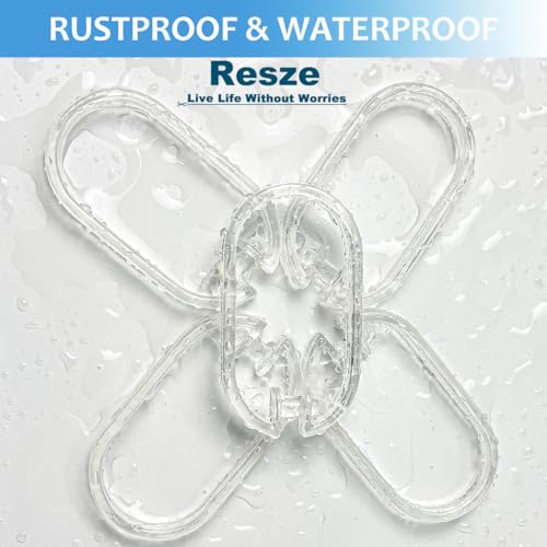 Resze 24 PCS Clear Shower Curtain Hooks with Fixed Locking Clips | Oval Anti-Slip Bath Rings,Durable Plastic Resin,Invisible Design,Rust Resistant Decorative Hooks for Bathroom,Kitchen,Bedroom