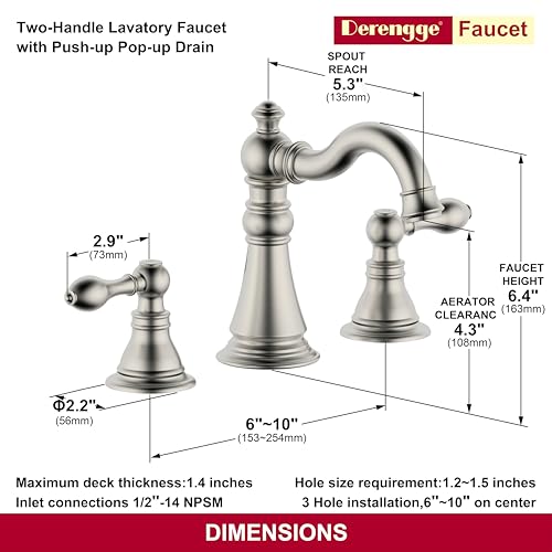 Brushed Nickel 2-Handle 8 Inch Widespread Bathroom Faucet, 3 Holes | Derengge Traditional Widespread Sink Faucet, With Pop-Up Drain 360° Swivel Stainless Steel Spout, F-8805-BN - color: Brushed Nickel
