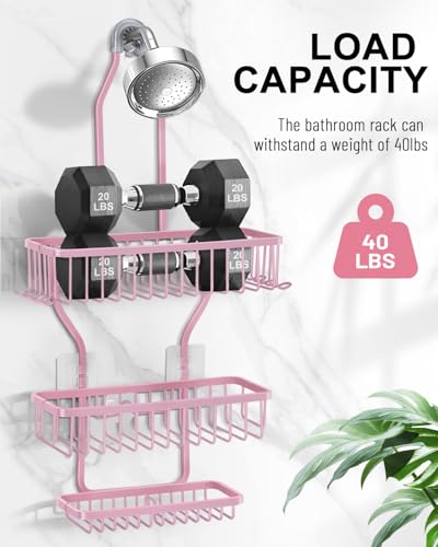 Pink Shower Caddy for Bathroom - Never Rust Hanging Shower Organizer with Soap Basket and Hooks - Large Capacity 3 Tier Aluminum Over The Showerhead Caddy - color: Pink
