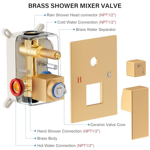 FPXRNG Shower Faucet Set Rainfall Shower System with Square Shower Head and Handle Set Rough-in Valve and Metal Trim Kit Included Paint Gold 12 Inch Wall Mounted Shower Fixtures - color: Paint Gold, size: 12 Inch Wall Mount Shower Head