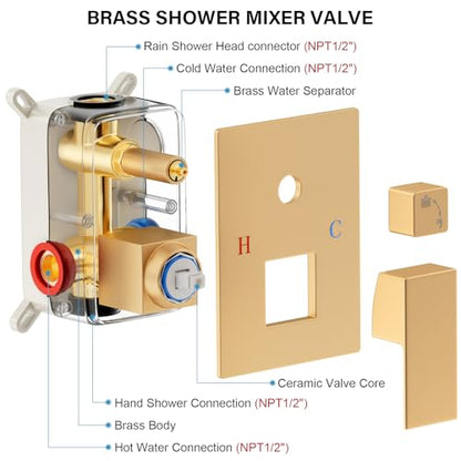 FPXRNG Shower Faucet Set Rainfall Shower System with Square Shower Head and Handle Set Rough-in Valve and Metal Trim Kit Included Paint Gold 12 Inch Wall Mounted Shower Fixtures - color: Paint Gold, size: 12 Inch Wall Mount Shower Head