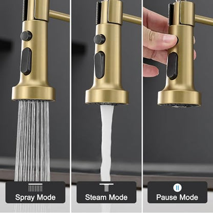 AIMADI Brushed Gold Kitchen Faucet with Pull Down Sprayer,Single Handle | One Hole Commercial Spring Design,Pull Down Sprayer,for Farmhouse Camper Bar Laundry Room - color: Brushed Gold