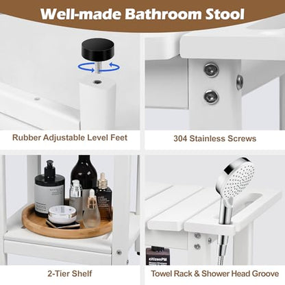 Shower Bench, HDPE Waterproof Shower Chair for Inside Shower | Heavy-Duty Shower Bench with Non-Slip Adjustable Feet & Storage Shelf, Stable Bathroom Stool for Shaving Legs, White - color: White