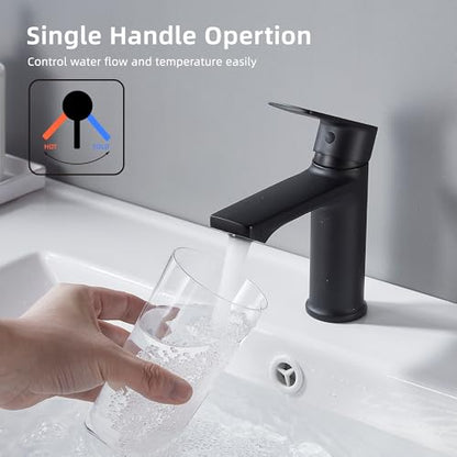 BELZ Black Bathroom Faucet, Lead-Free Single Hole Sink Faucet for Vanity | NSF372 Certified, Anti-peeling PVD Black Finish, Water-saving & Anti-splash, Single Handle Modern Design with Hot/Cold Hoses - color: Matte Black