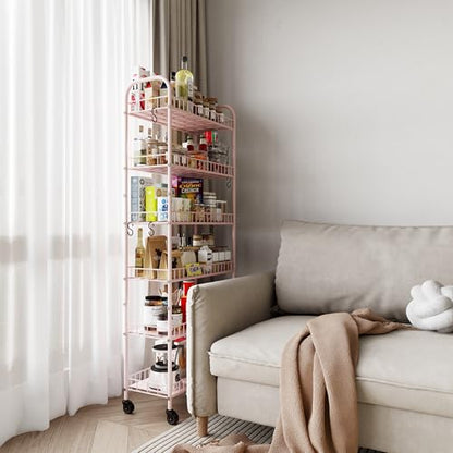 6 Tier Slim Rolling Storage Cart with Wheels, Metal Mobile Shelving Unit Organizer Utility Cart for Office Bathroom Kitchen Laundry Room Narrow Places (Pink 10 Inches) - size: Pink 10 Inches
