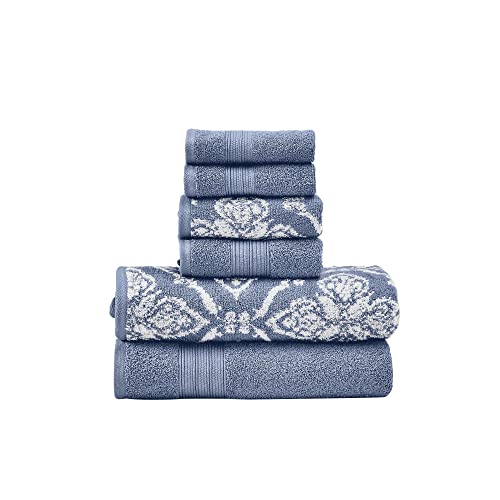 Modern Threads Amaris 6-Piece Reversible Yarn Dyed Jacquard Towel Set - Bath Towels, Hand Towels, & Washcloths - Super Absorbent & Quick Dry - 100% Combed Cotton, Denim - color: Denim, size: Small, style: Bohemian