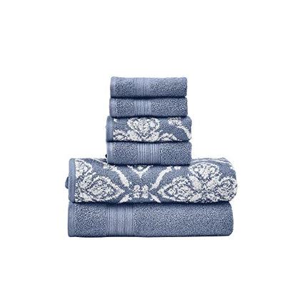 Modern Threads Amaris 6-Piece Reversible Yarn Dyed Jacquard Towel Set - Bath Towels, Hand Towels, & Washcloths - Super Absorbent & Quick Dry - 100% Combed Cotton, Denim - color: Denim, size: Small, style: Bohemian