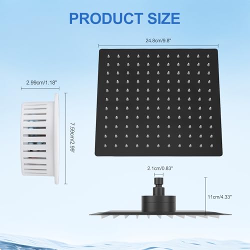 10-Inch Rain Shower Head with Filter, Matte Black | Stainless Steel, Wall Mounted