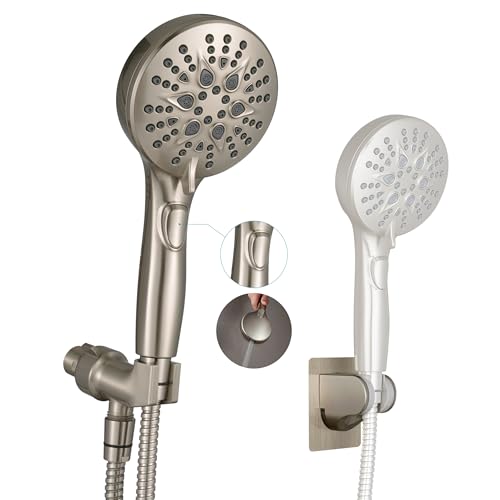 GwernKB Handheld Shower Head with ON OFF Switch & 79in Stainless Steel Hose | Brushed Nickel,Built-in Power Spray,7-mode High Pressure Spray with Bracket & Extra No Drilling Shower Holder for Lower Mount - color: Brushed Nickel