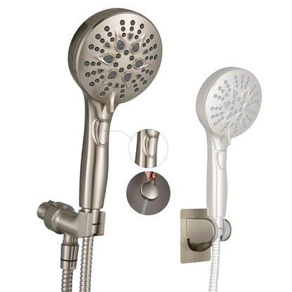 GwernKB Handheld Shower Head with ON OFF Switch & 79in Stainless Steel Hose | Brushed Nickel,Built-in Power Spray,7-mode High Pressure Spray with Bracket & Extra No Drilling Shower Holder for Lower Mount - color: Brushed Nickel