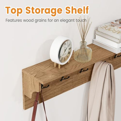 GIANTEX Coat Rack Wall Mount, 31.5" Wooden Coat Hooks with Shelf, Natural | Wall Clothes Rack w/ 6 Dual Hooks for Hats Towels Purses Robes, Floating Display Shelf for Living Room Bedroom Entryway - color: Natural