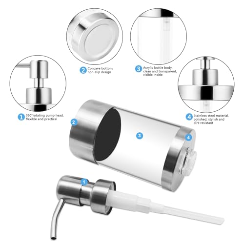 Dish Soap Dispenser Hand Pump Dispenser 1PCS (10OZ/300ML) | Stainless Steel Case Acrylic Liner Shatterproof and Leakproof Refillable Liquid Hand Soap Dispenser for Bathroom & Kitchen